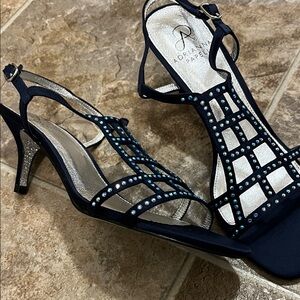 Adrianna Papell Navy Strappy Heels with Rhinestones
